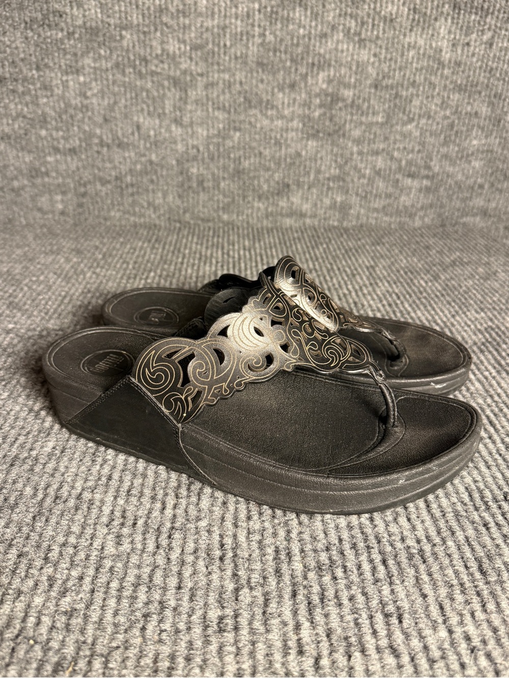 FitFlop Black Leather Laser Cut Flora Toe Post Wedge Sandals